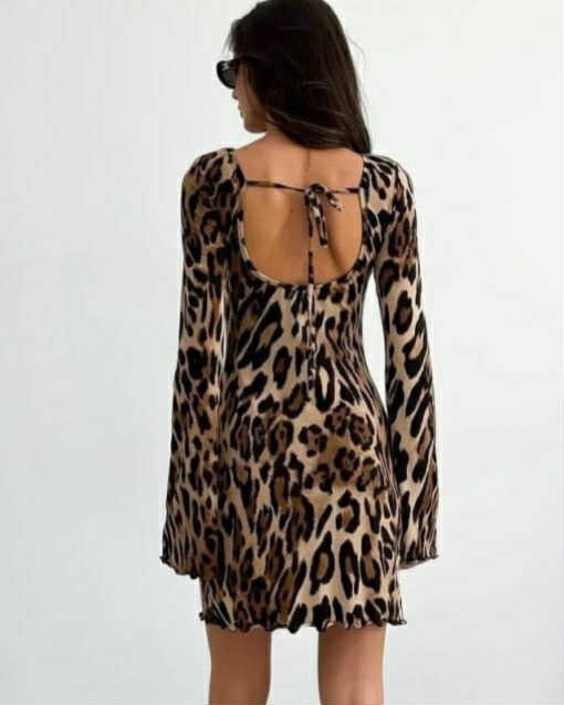 Leopard Velvet Open Back Short Dress With A Tie