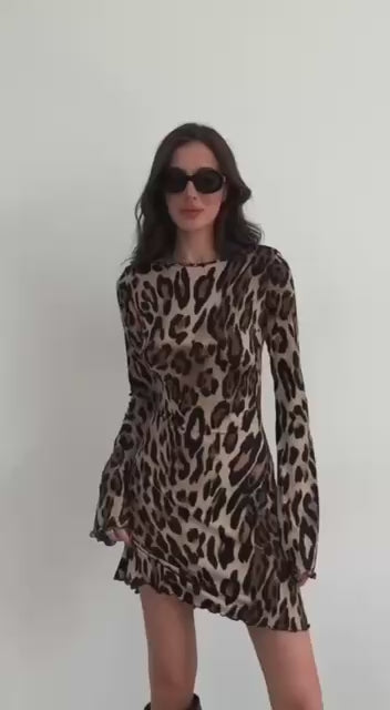 Leopard Velvet Open Back Short Dress With A Tie